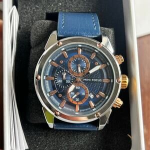 Mini Focus MF0161G Men’s Chronograph Watch Blue Leather Working New Battery